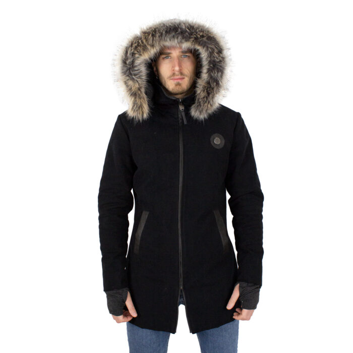 Olona front of the black coat with raised hood