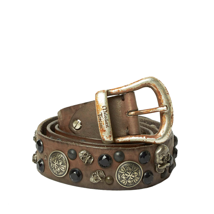 Skulls and Coins belt in front of the bronze-colored model