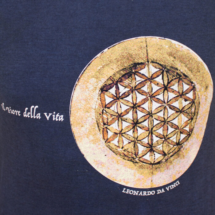 T-Shirt in Corteccia d'albero e Alghe Marine "Fiore della vita" color blu notte dettaglio disegno sul fronte