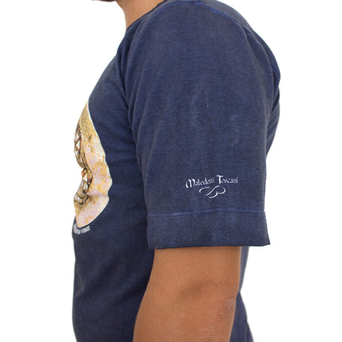 T-Shirt in Corteccia d'albero e Alghe Marine "Fiore della vita" color blu notte dettaglio disegno sulla manica