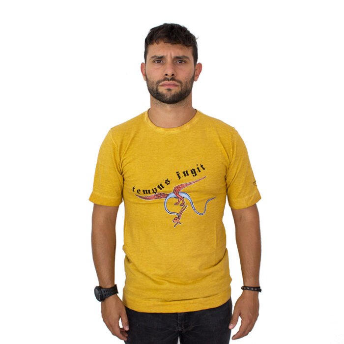T-Shirt aus Baumrinde und Algen "Drago Tempus Fugit" in Senffarbe