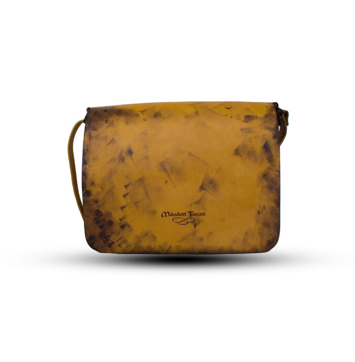 Capa 2 frontal del bolso teñido a mano en color amarillo limón-marrón oscuro