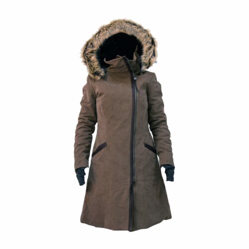 Olona front of the trench coat with green raised hood