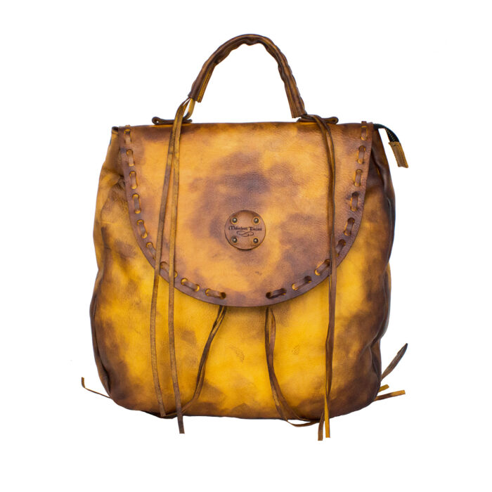 Nubium Hand-dyed front of the backpack in lemon yellow-dark brown color