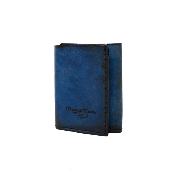Handgefärbtes Portemonnaie mit 3 Klappen, kobalt-dunkelbraune Vorderseite