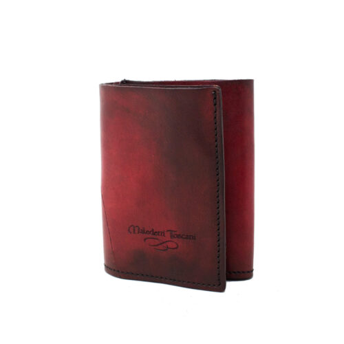 Hand-dyed wallet with 3 flaps, front in red-dark brown color