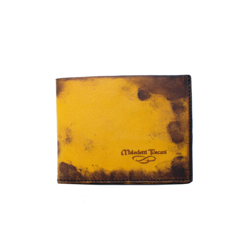 Hand-dyed card and coin wallet, front in lemon yellow-dark brown color