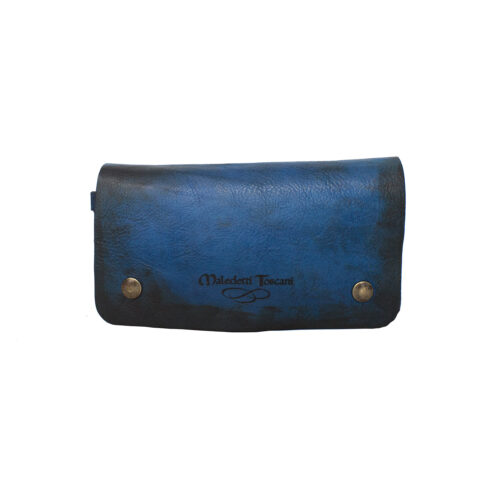 Large Unisex wallet on wrist in cobalt-dark brown color