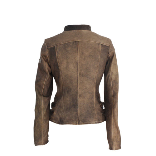 Hellas back of the brown colored jacket