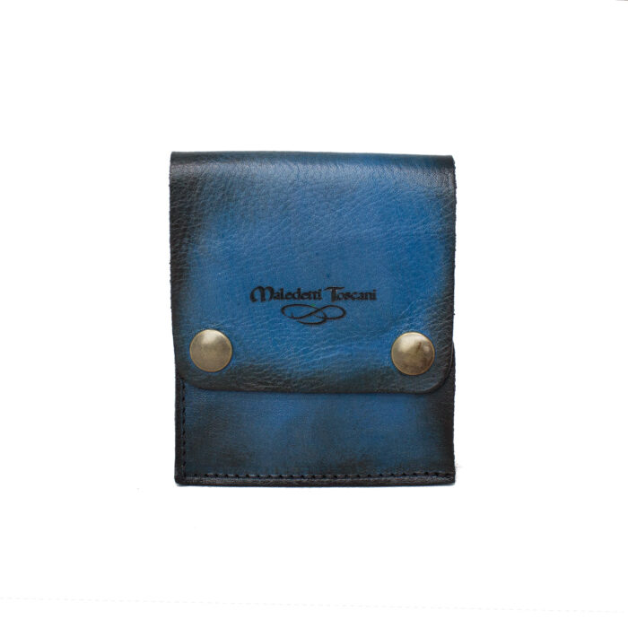 Quadratische Brieftasche mit Vorderseite für Banknoten und Münzkarten in kobalt-dunkelbrauner Farbe