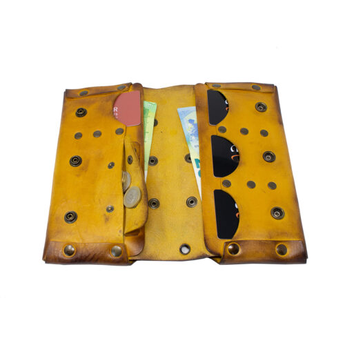 Wallets and mobile phone holder Lemon yellow-dark brown internal buttons