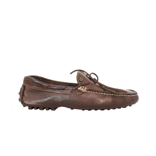 Laces moccasin side view in dark brown color